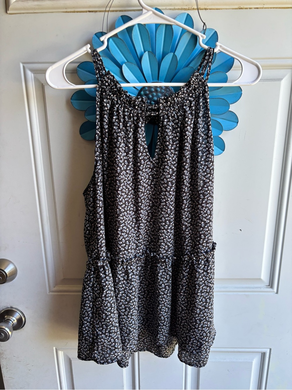 LOFT Black Floral Tie-Back Ruffle Tank